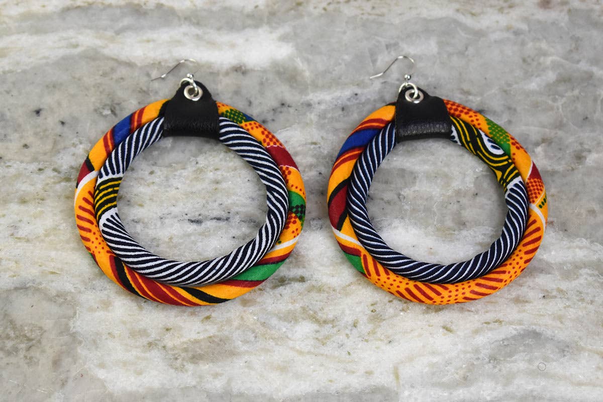 Orange Kente and Blue Stripe Earring | African Hoop Earrings