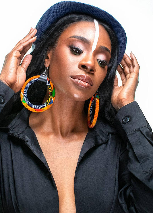 Orange Kente and Blue Stripe Earring | African Hoop Earrings