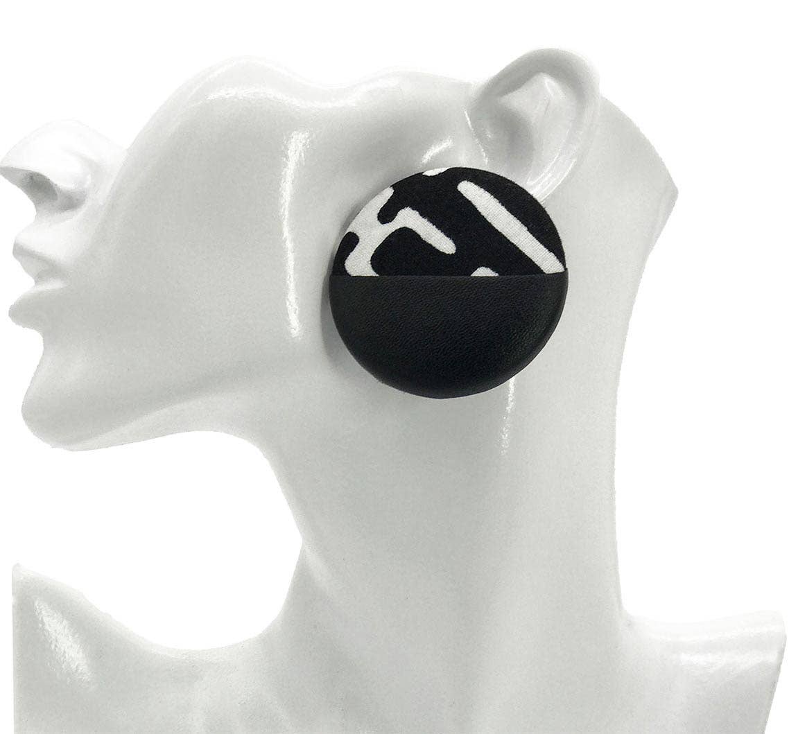 Black and White African Mud Cloth Print and Faux Leather Button Earrings | African Mud Print Earrings | African Mud Fabric Jewelry | Afrocentric Jewelry | Cloth & Cord